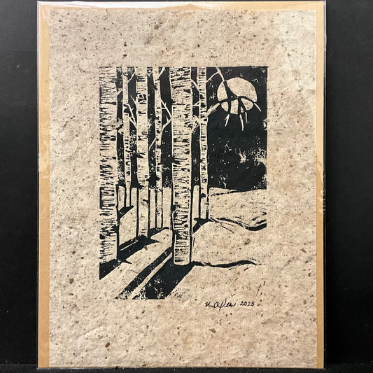 Moonlit Birches Linocut Print