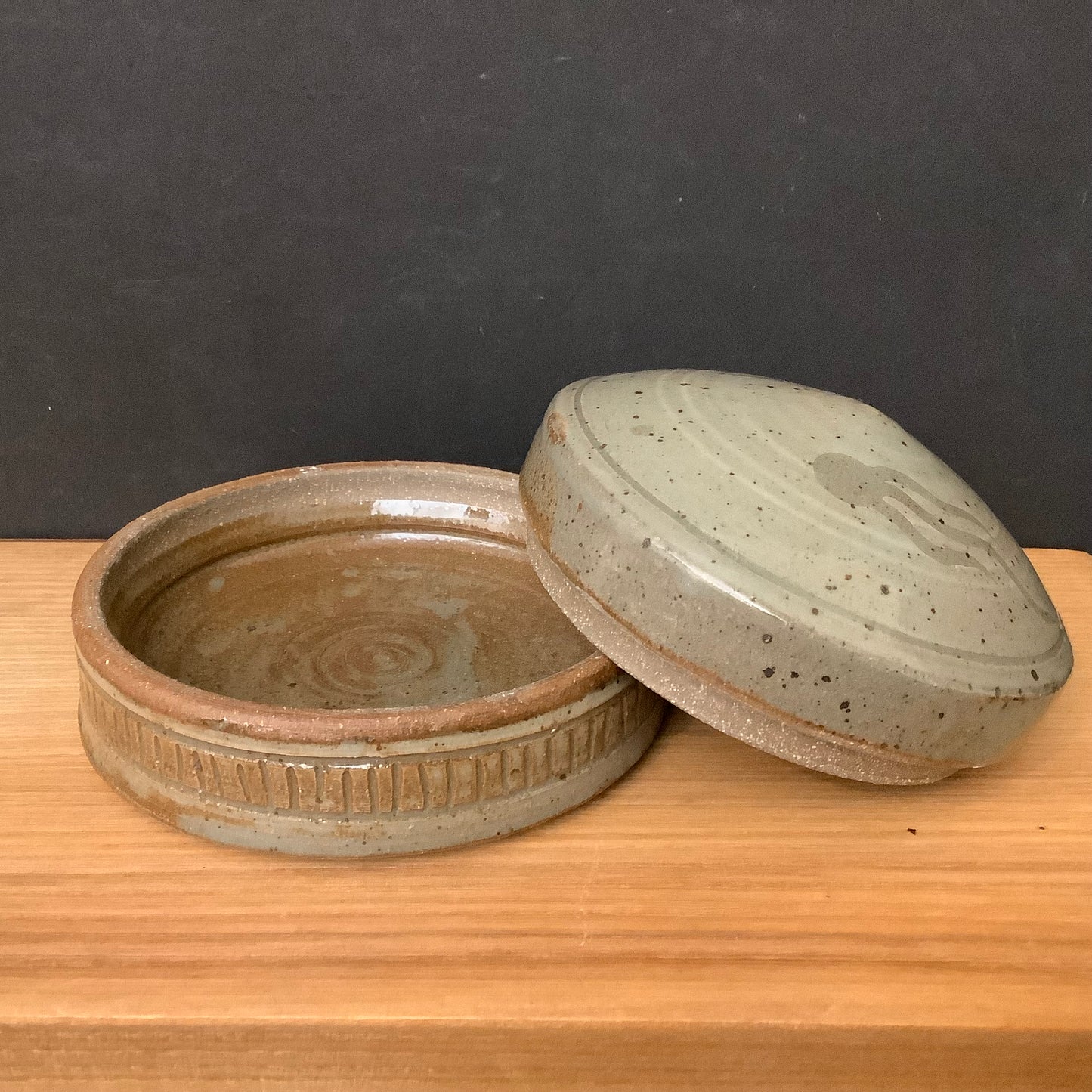 Lidded Dish Gray Green with Rust Touches