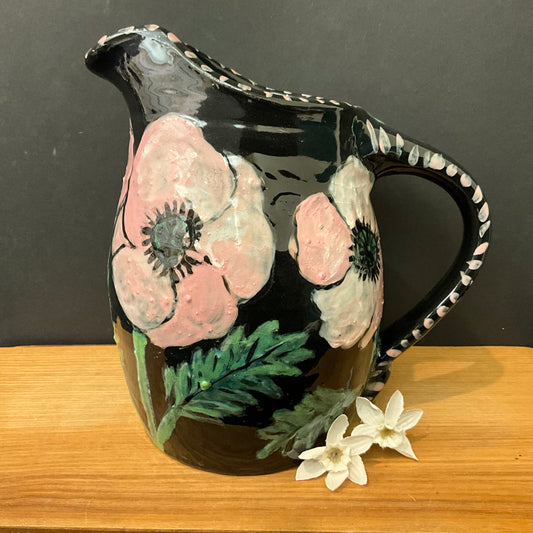 Pitcher Black with Pale Pink Poppies