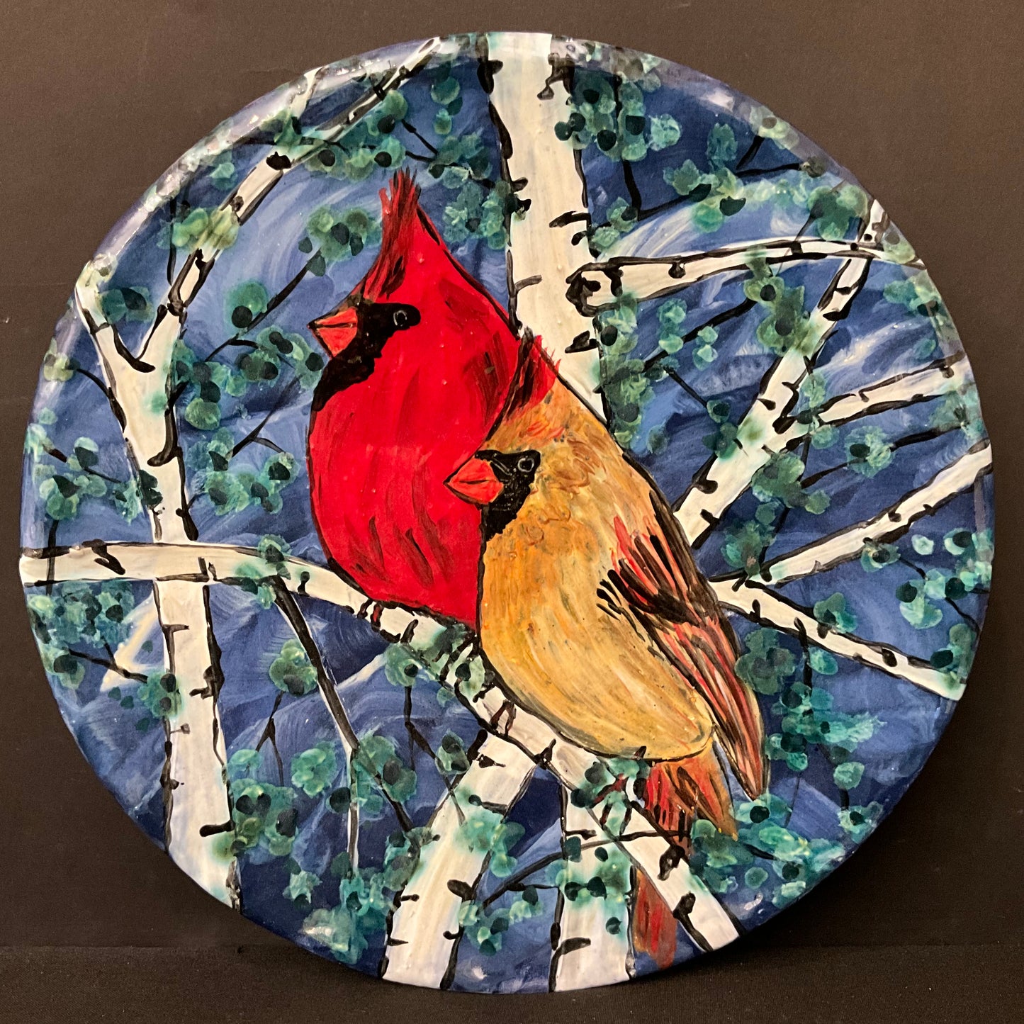 Large Plate with Cardinal Pair on Birch Tree