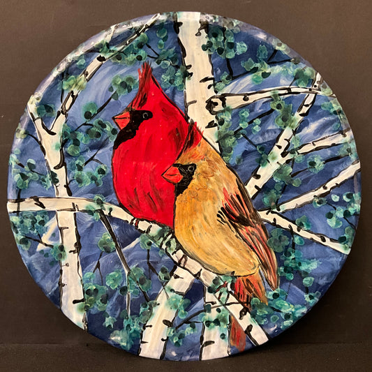 Large Plate with Cardinal Pair on Birch Tree