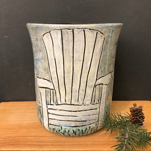 Crock with Carved White Adirondack Chairs
