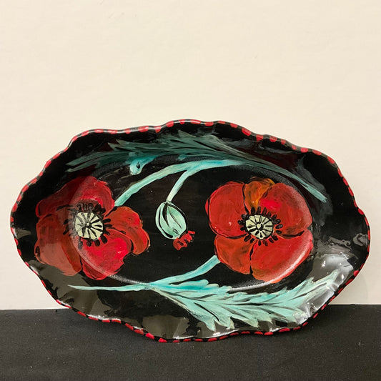 Oval Fluted Black Bowl with Red Poppies