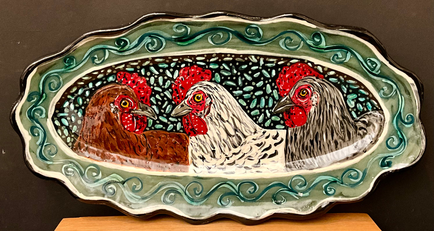 Narrow Fluted Platter with Three Hens