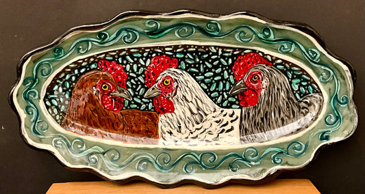 Narrow Fluted Platter with Three Hens