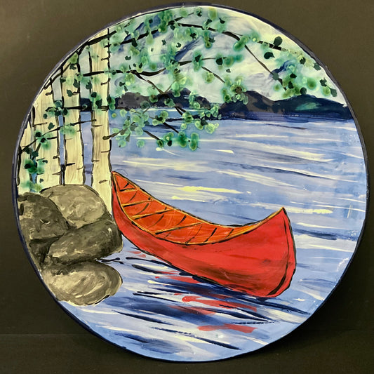 Extra Large Round Platter with Red Canoe & Birch Trees