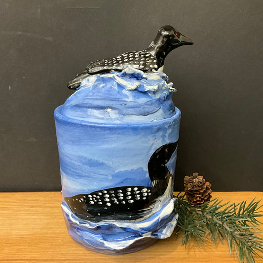 Lidded Jar with Loons & Loon Finial and 3D waves