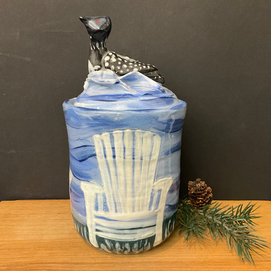 Lidded Jar w White Adirondack Chairs & Loon Finial