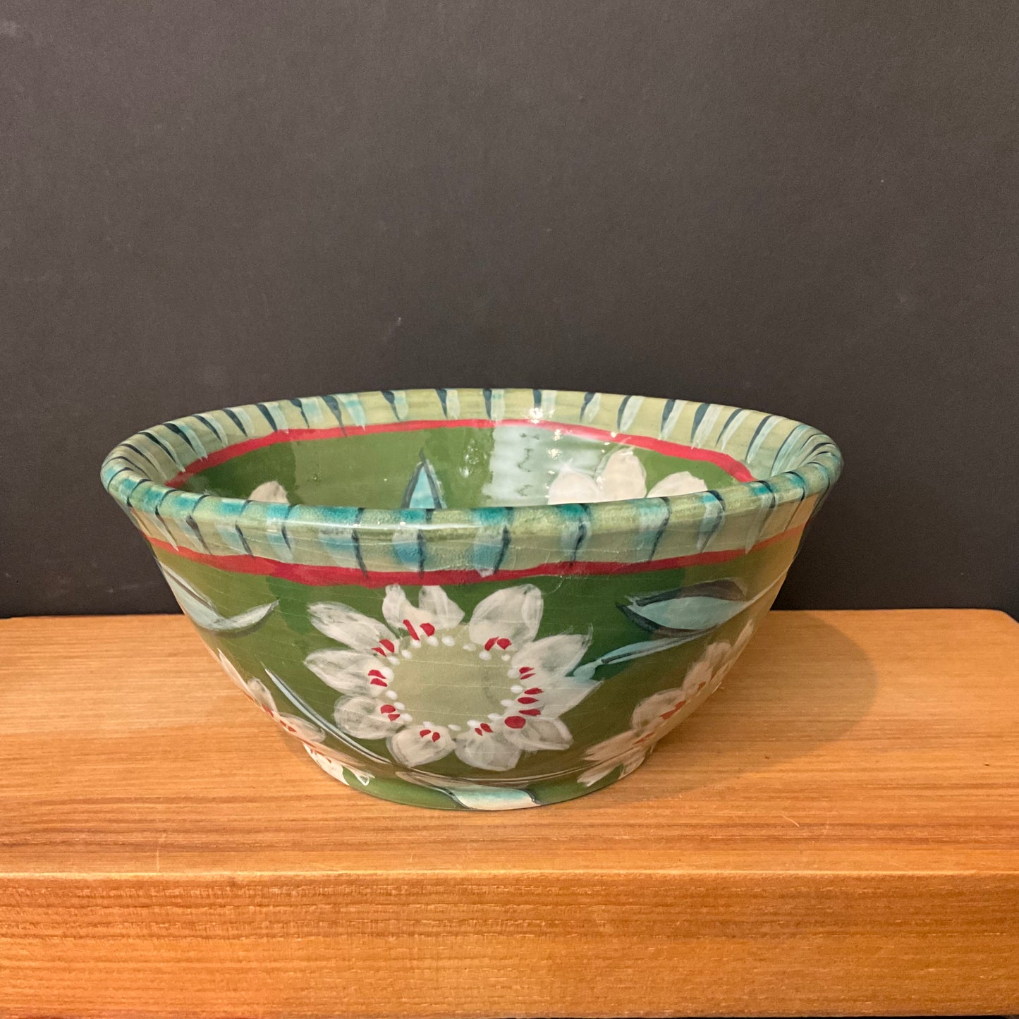 Small Green Bowl with White Flowers