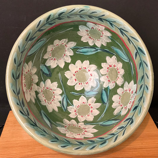 Large Deep Green Bowl with White Flowers