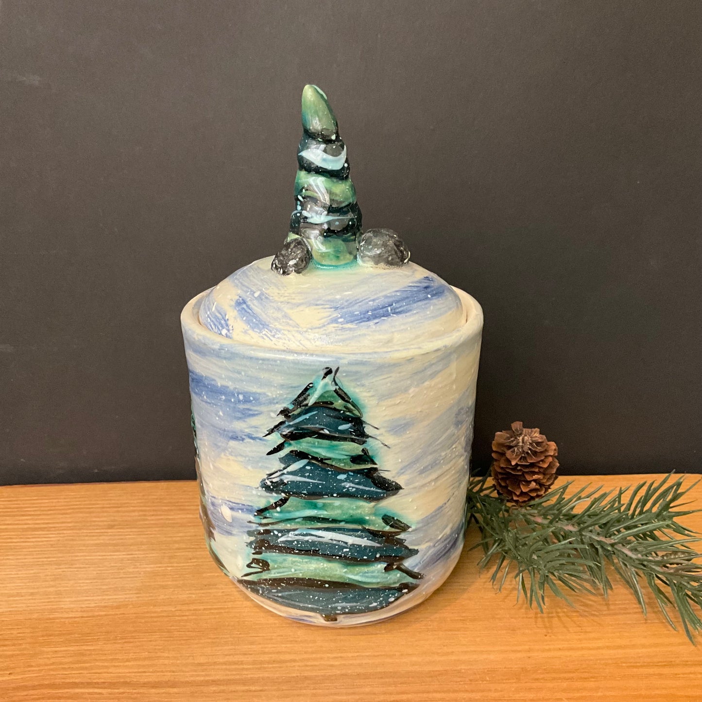 Small Lidded Jar Snowy Trees with Tree Finial