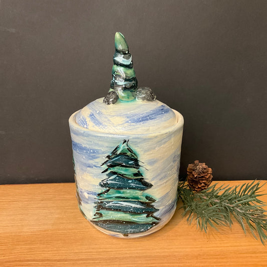 Small Lidded Jar Snowy Trees with Tree Finial