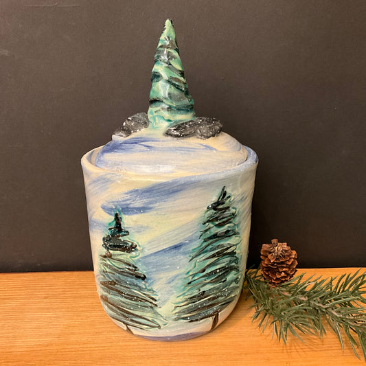Lidded Jar Snowy Trees with Tree Finial