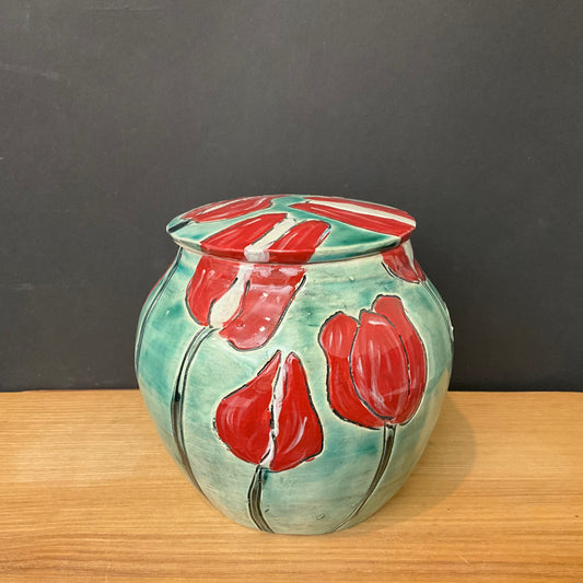 Large Ginger Jar Pale Green with Red & White Tulips
