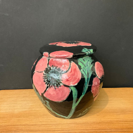 Ginger Jar Black with Bright Pink Poppies