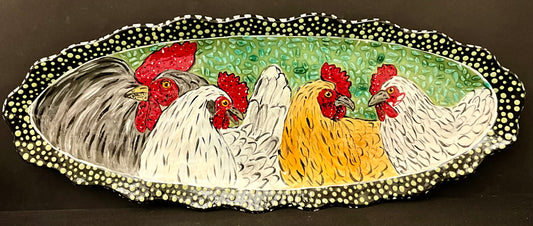 Large Fluted Platter with Four Hens
