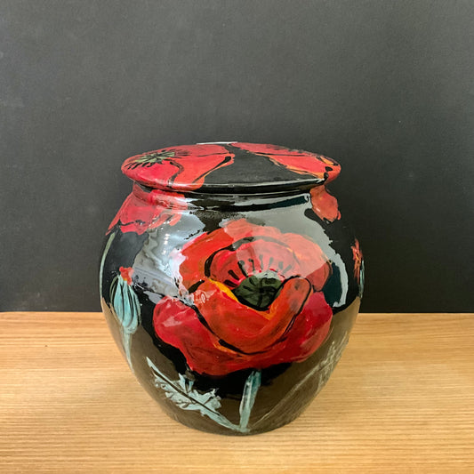 Ginger Jar Black with Red Poppies