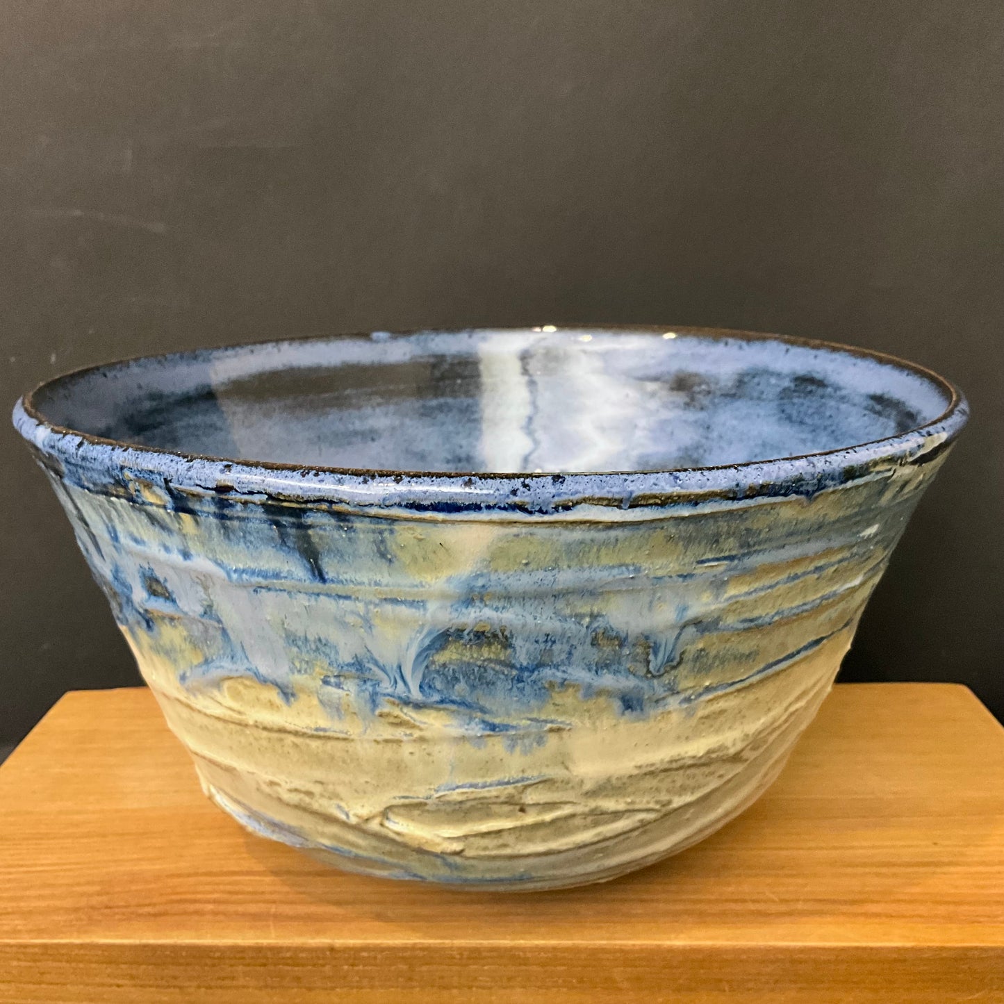 Deep Bowl in Blue Drip Glaze & Ivory with Incised Pattern