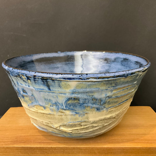 Deep Bowl in Blue Drip Glaze & Ivory with Incised Pattern