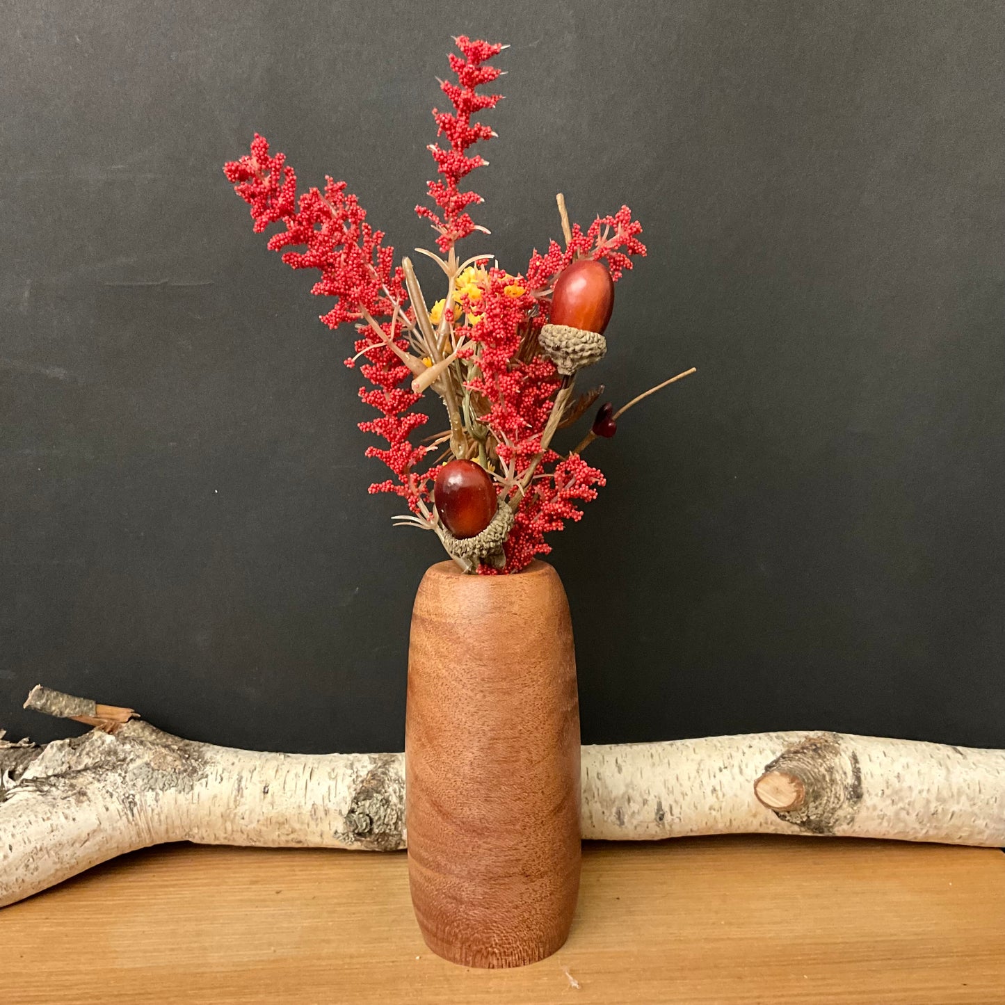 Turned Wood Bud Vase for Dried Flowers Mahogany