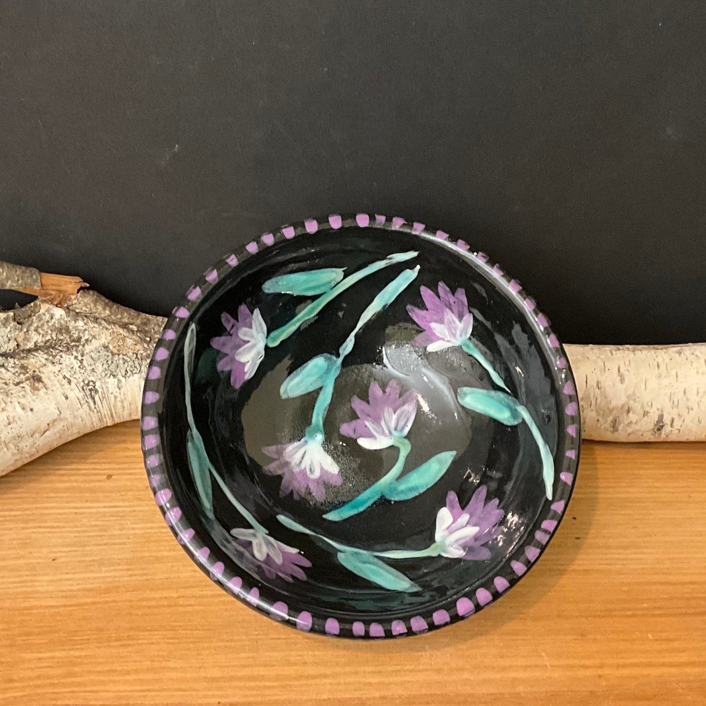 Petite Bowl in Black with Purple Flowers