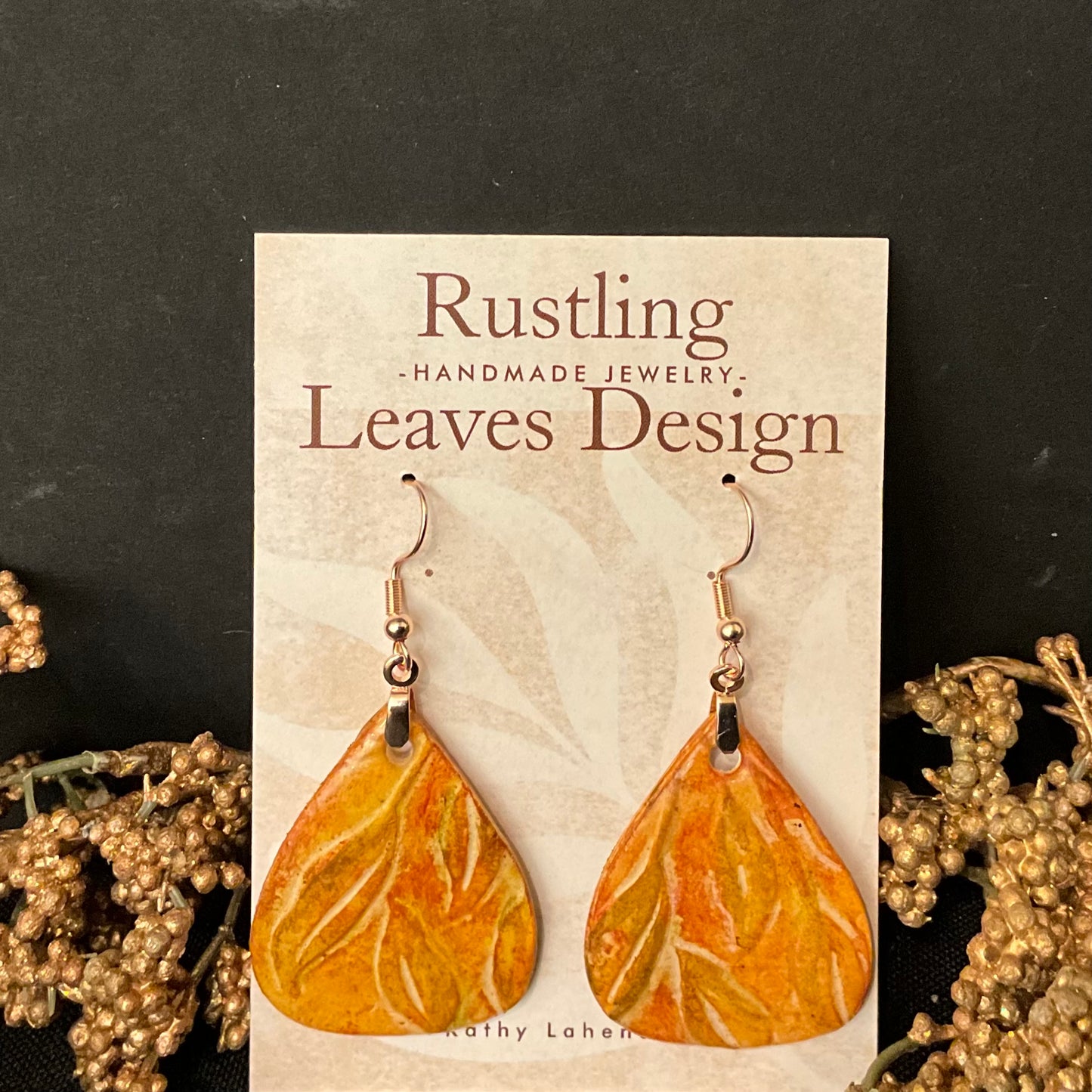 Gold & Russet Teardrop Earrings w Leaf Design