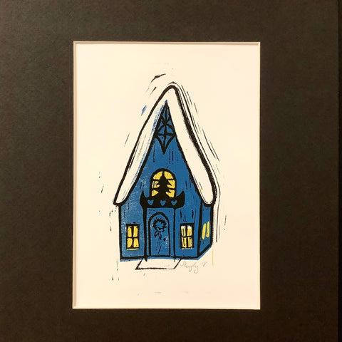 “Winter Cottage” Blue, Block Print with Black Mat