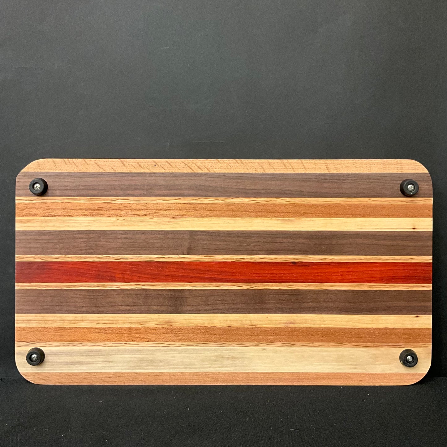 Inlaid Wood Cutting Board with Feet, mixed hardwoods