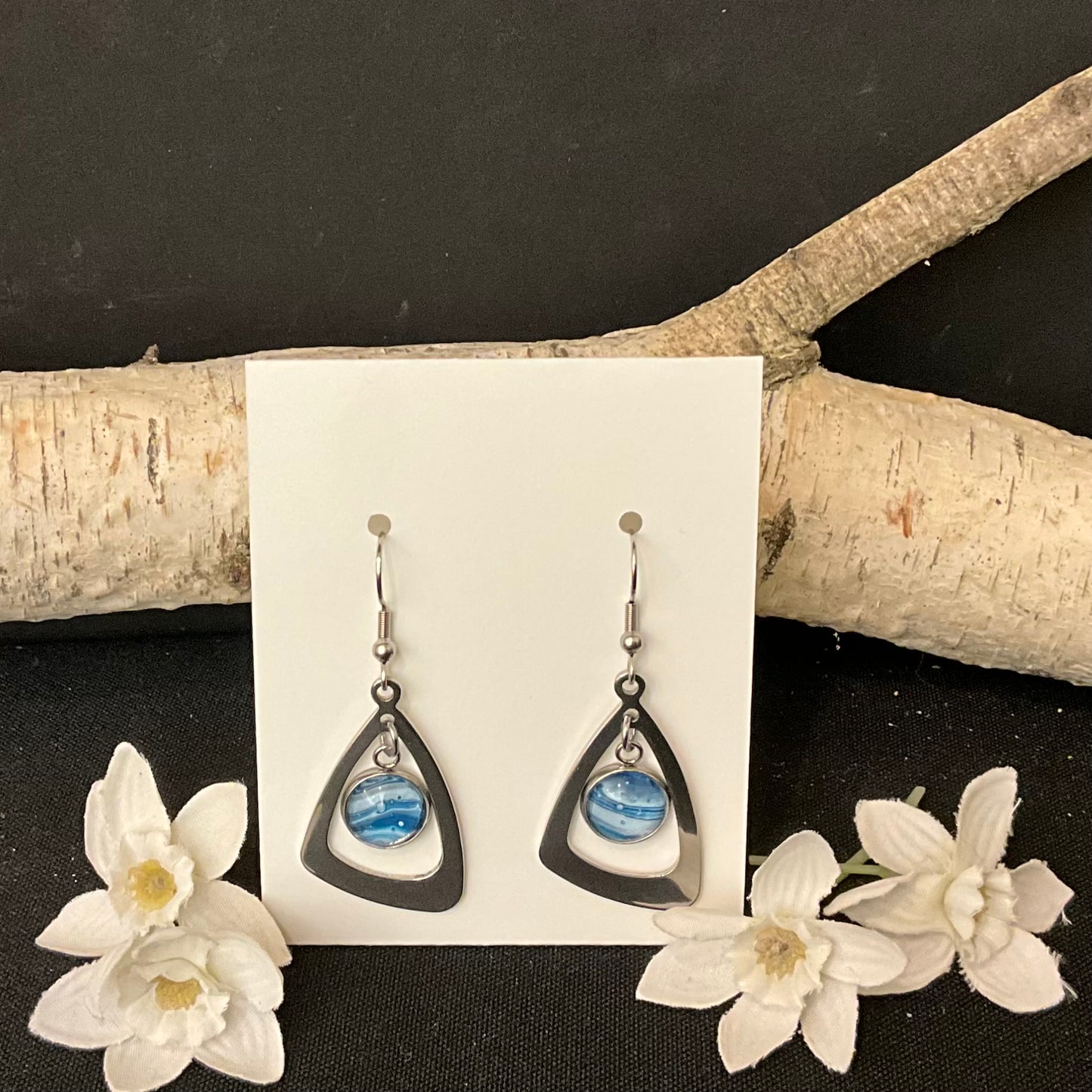 Silver Earrings Blue Disc in Trapezoid