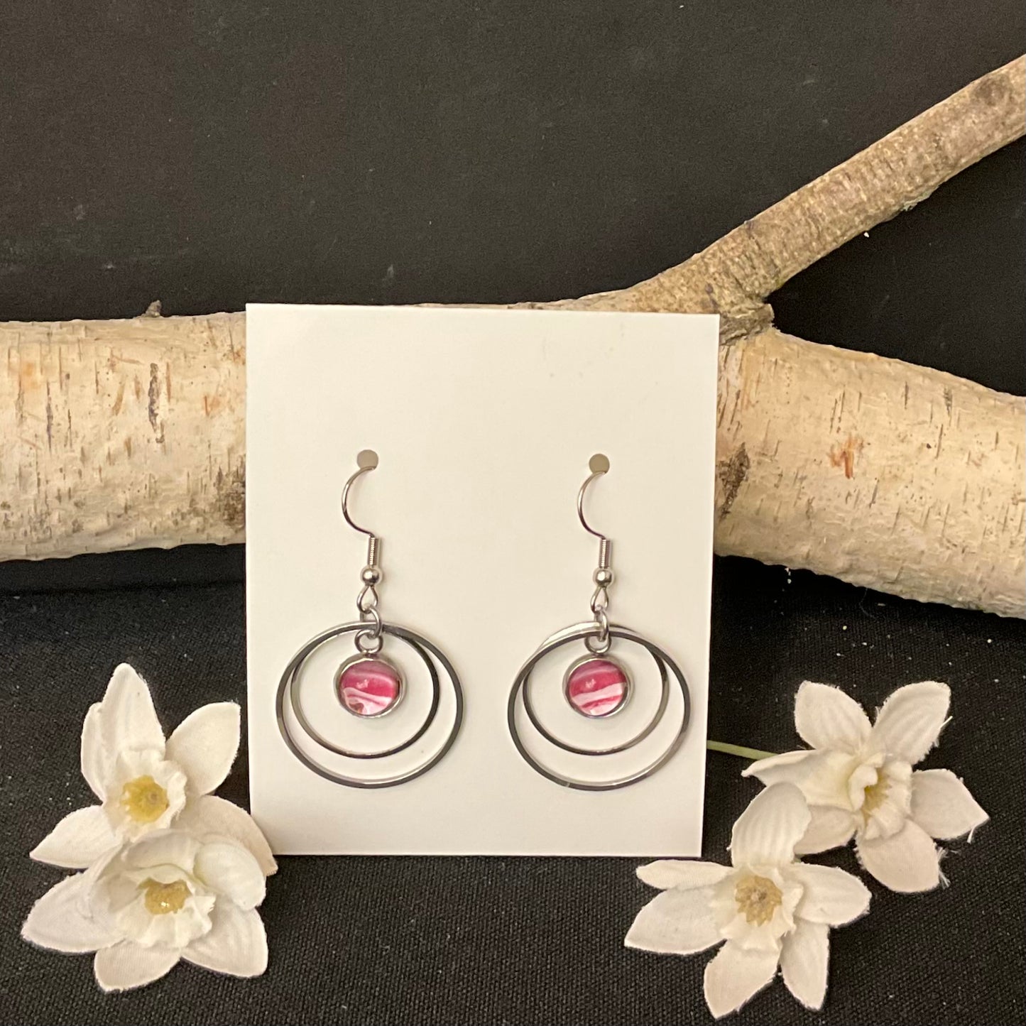 Silver Earrings Pink Double Hoop Pink