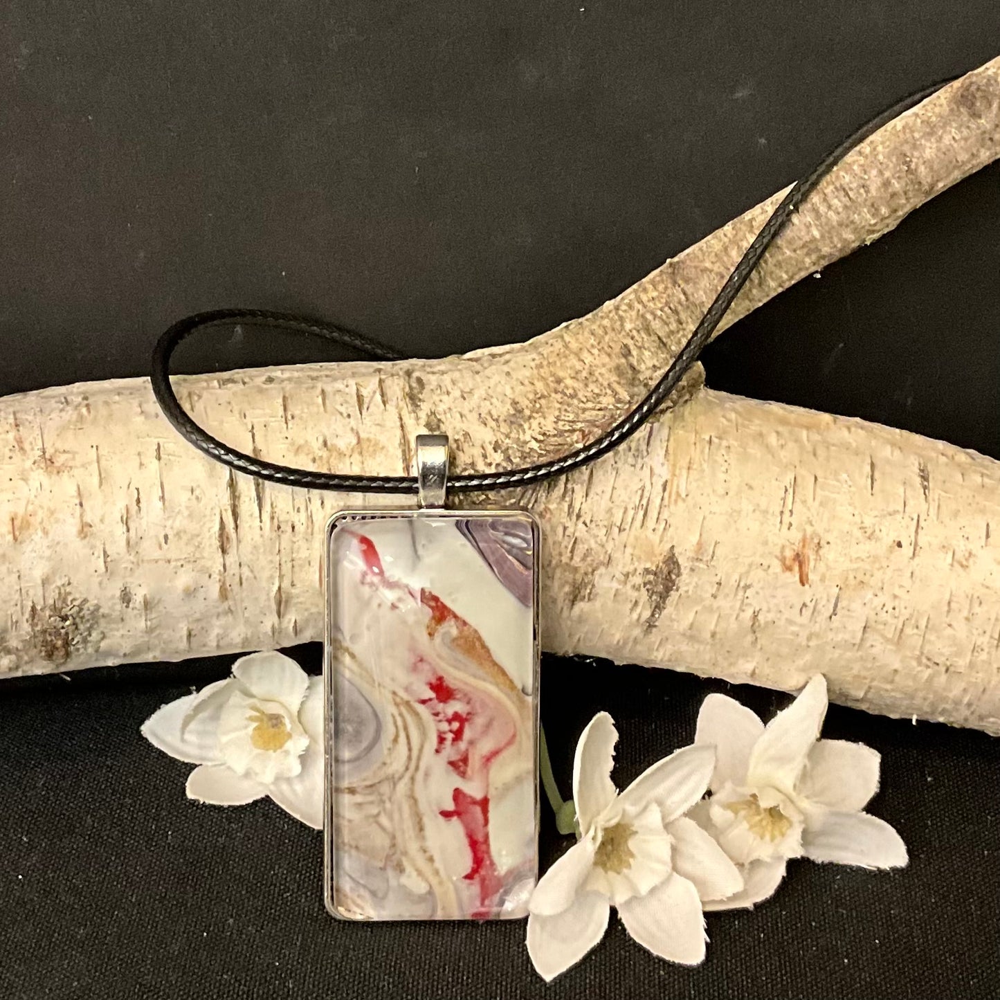 Cream and Red Rectangle Resin Necklace