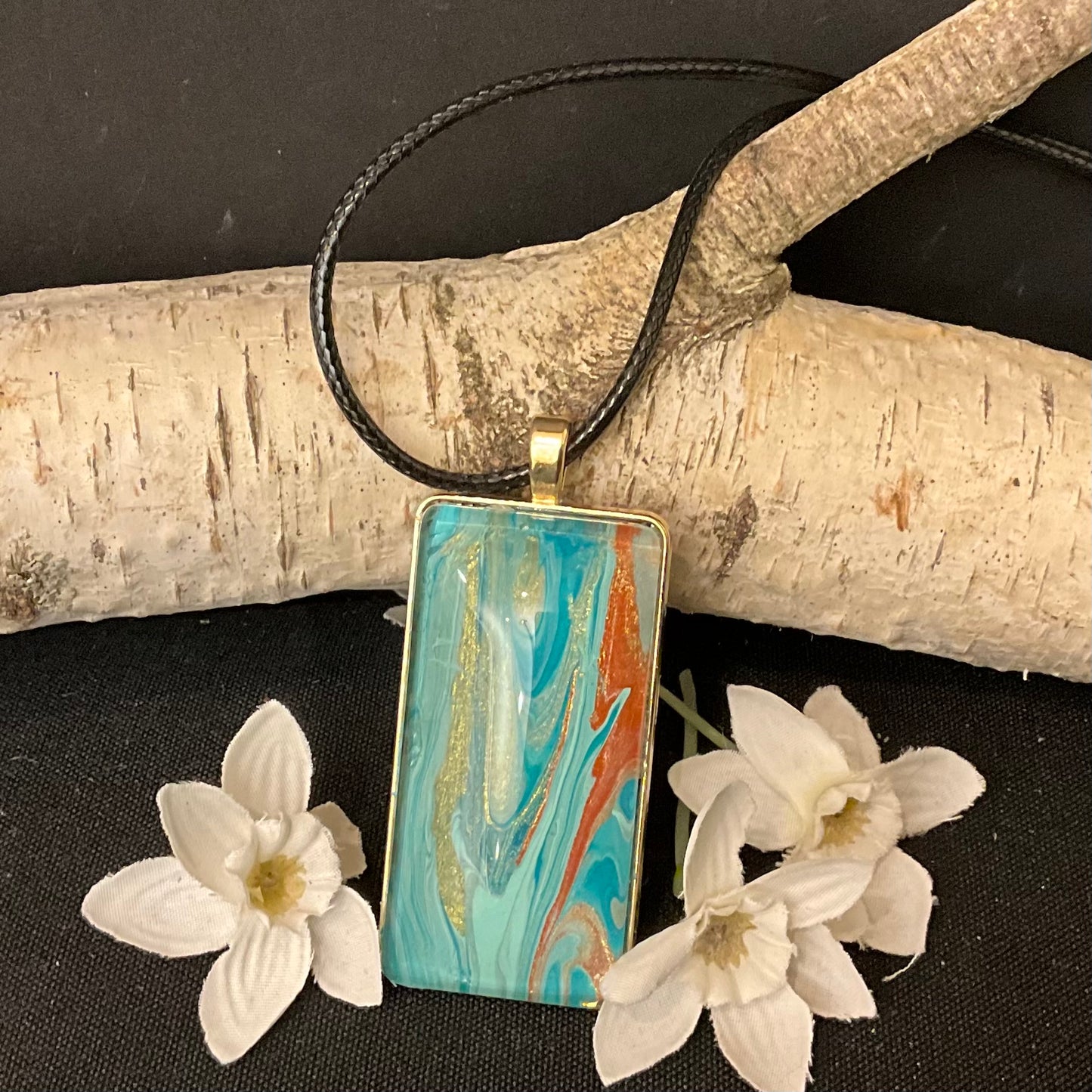 Teal, Gold and Terracotta Rectangle Resin Necklace