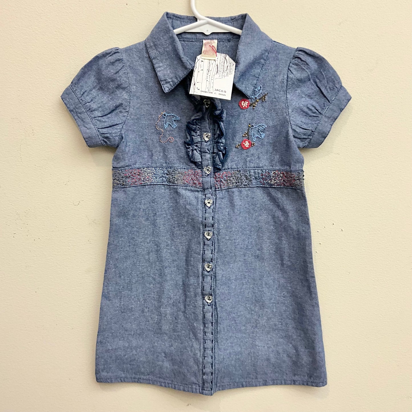 Embroidered Denim Ruffle Dress w Blue Swallows Size 4T