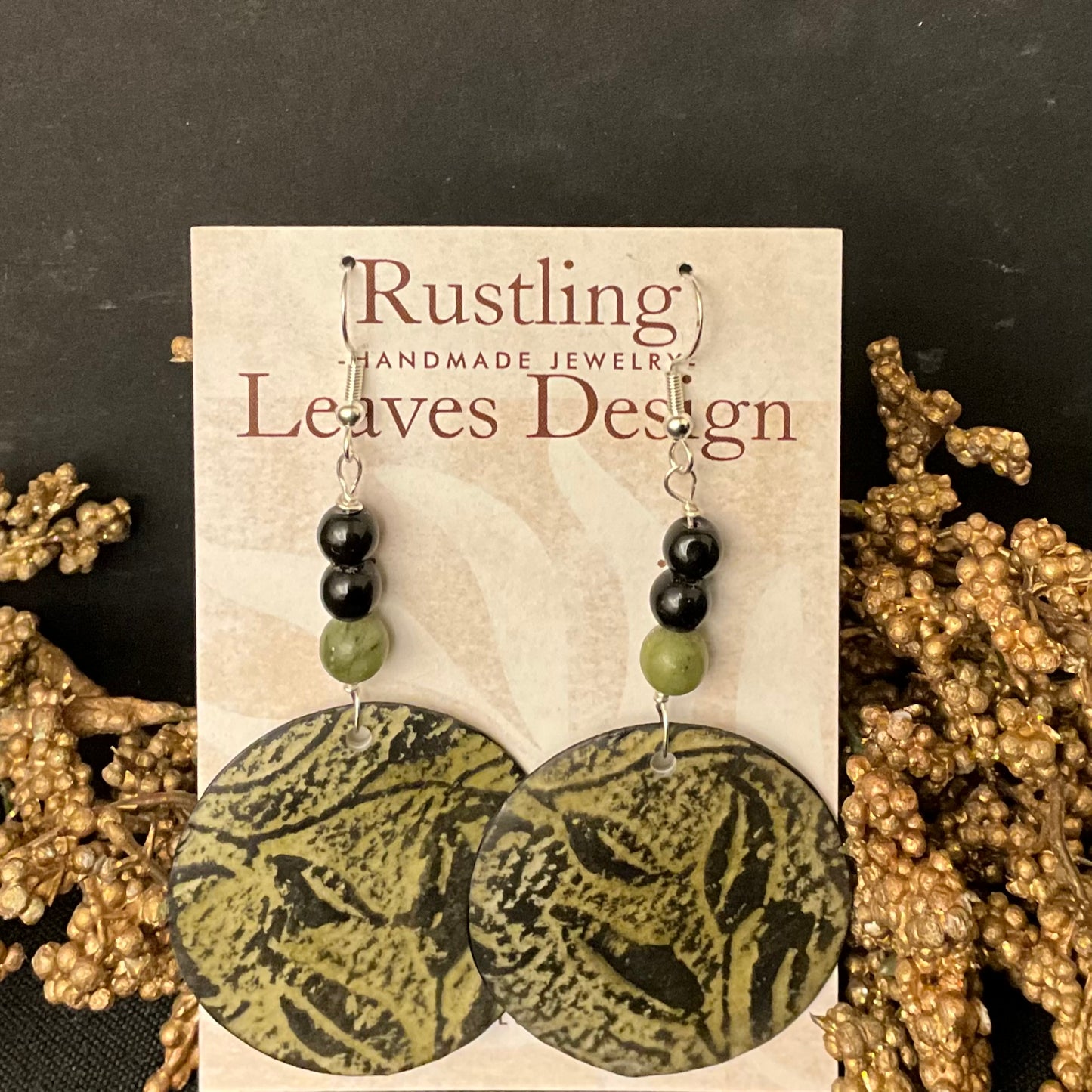 Disc Earrings Olive with Black Leaves & Jade Beads