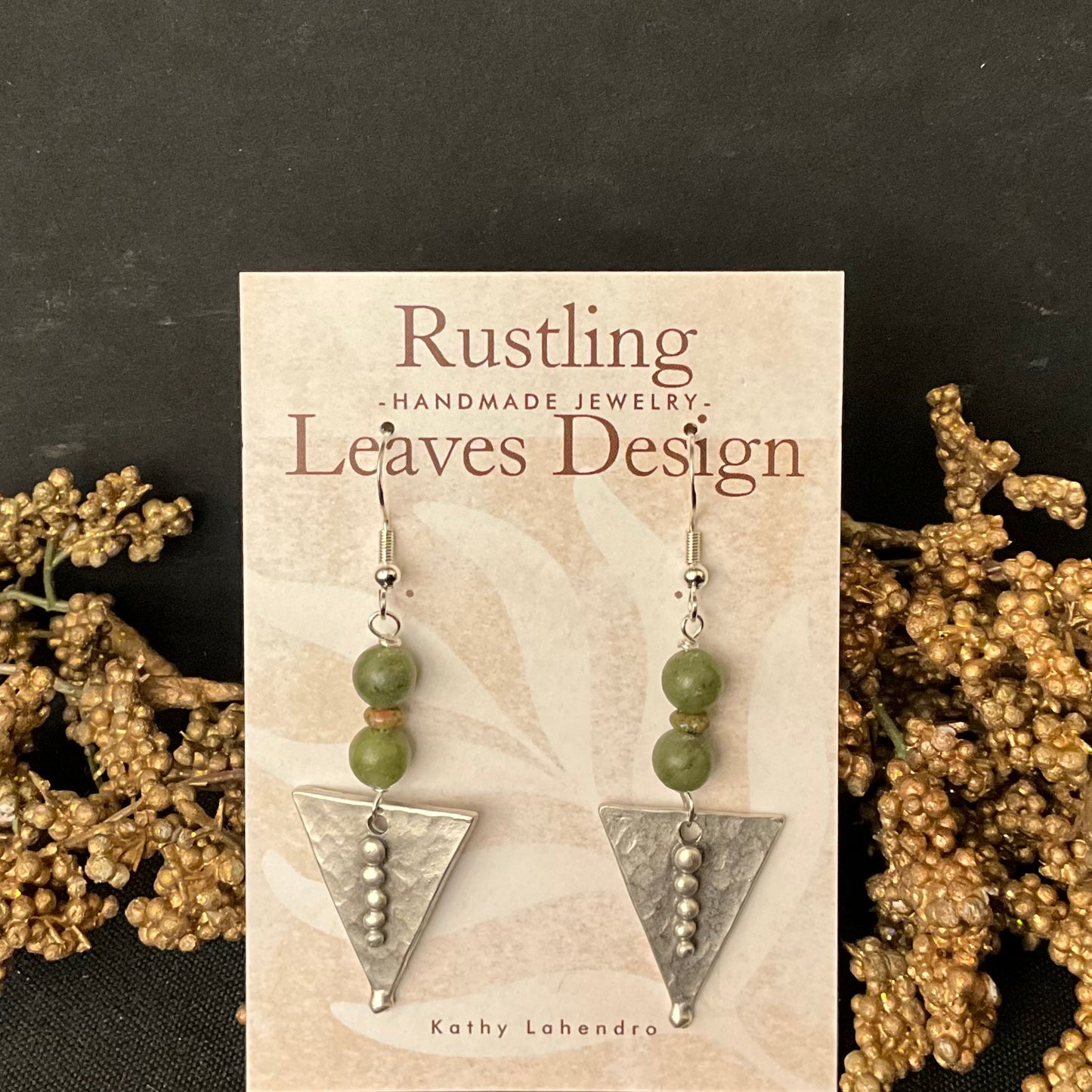 Pewter Triangle Earrings w Jade Beads