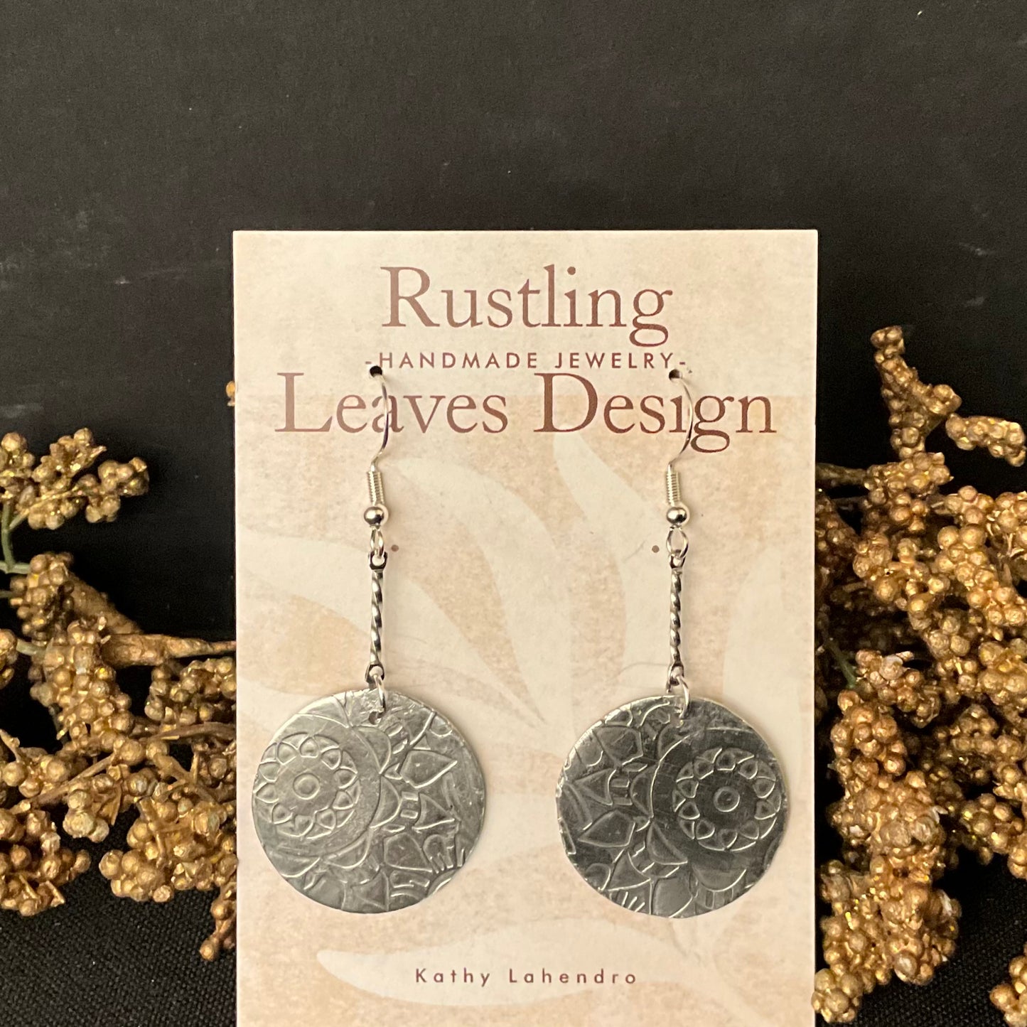 Pewter Disc Earrings Floral Design w Twist Wire