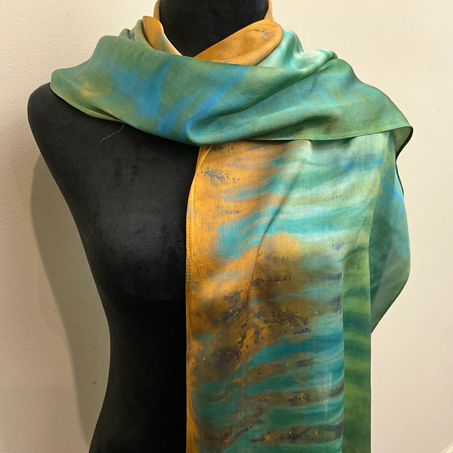 large Ice Dyed Silk Satin Scarf - Turquoise Colorway