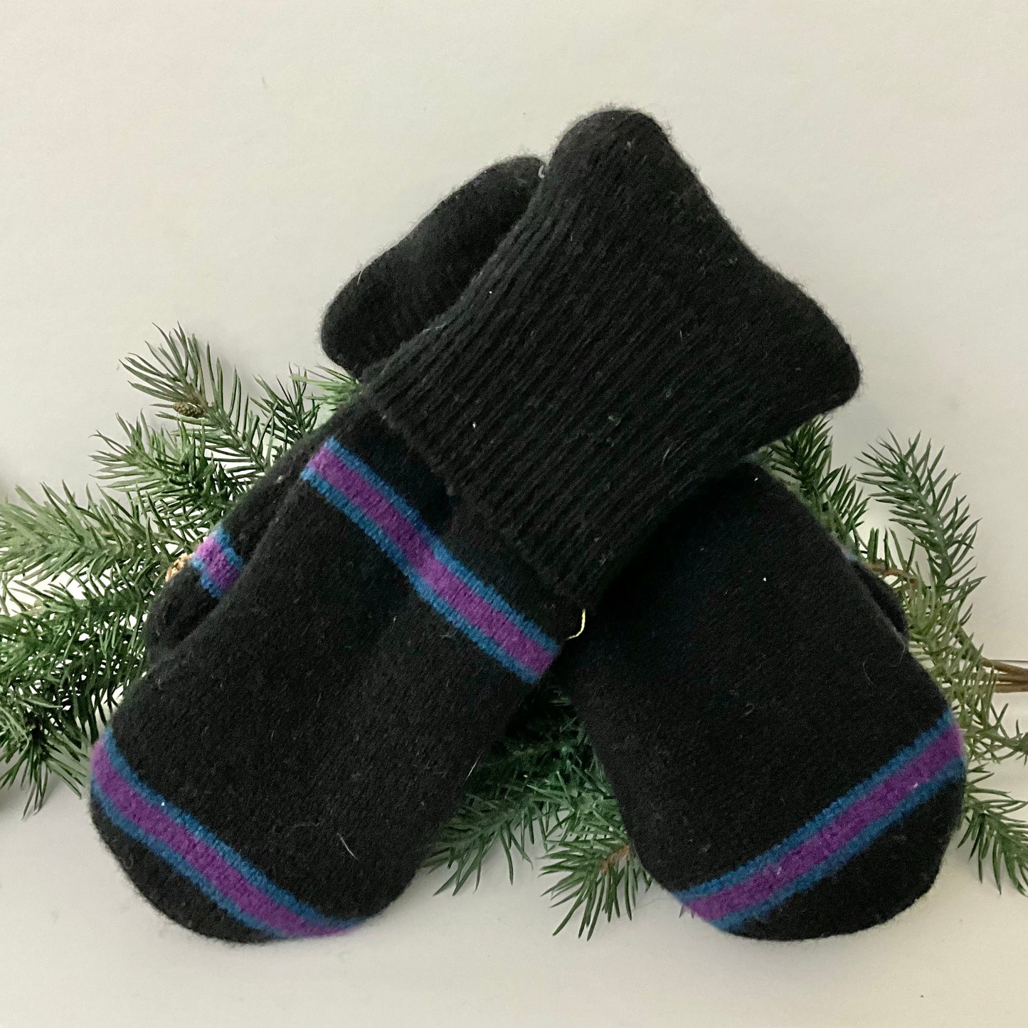 “Upcycled" Sweater Mittens Black with Cranberry & Blue Stripes
