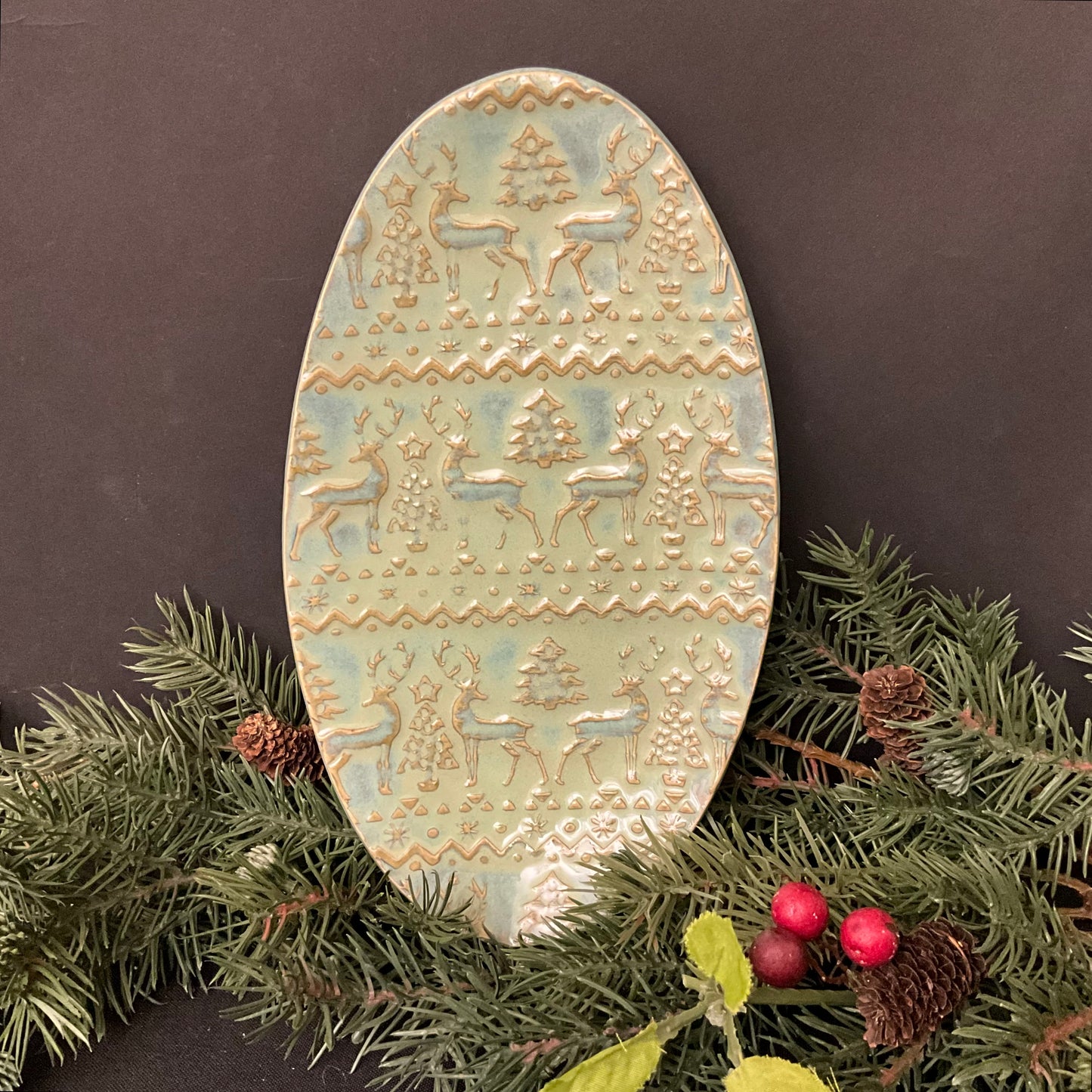 Oval Christmas Tray Celadon with Deer