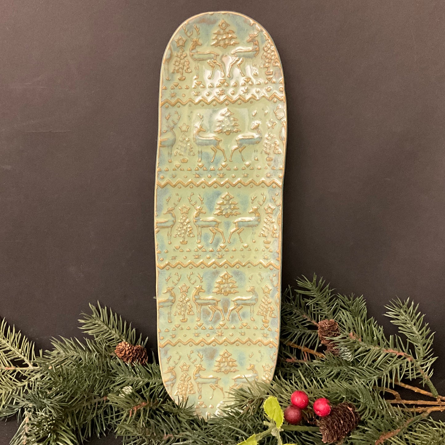 Elongated Oval Christmas Tray Celadon with Deer
