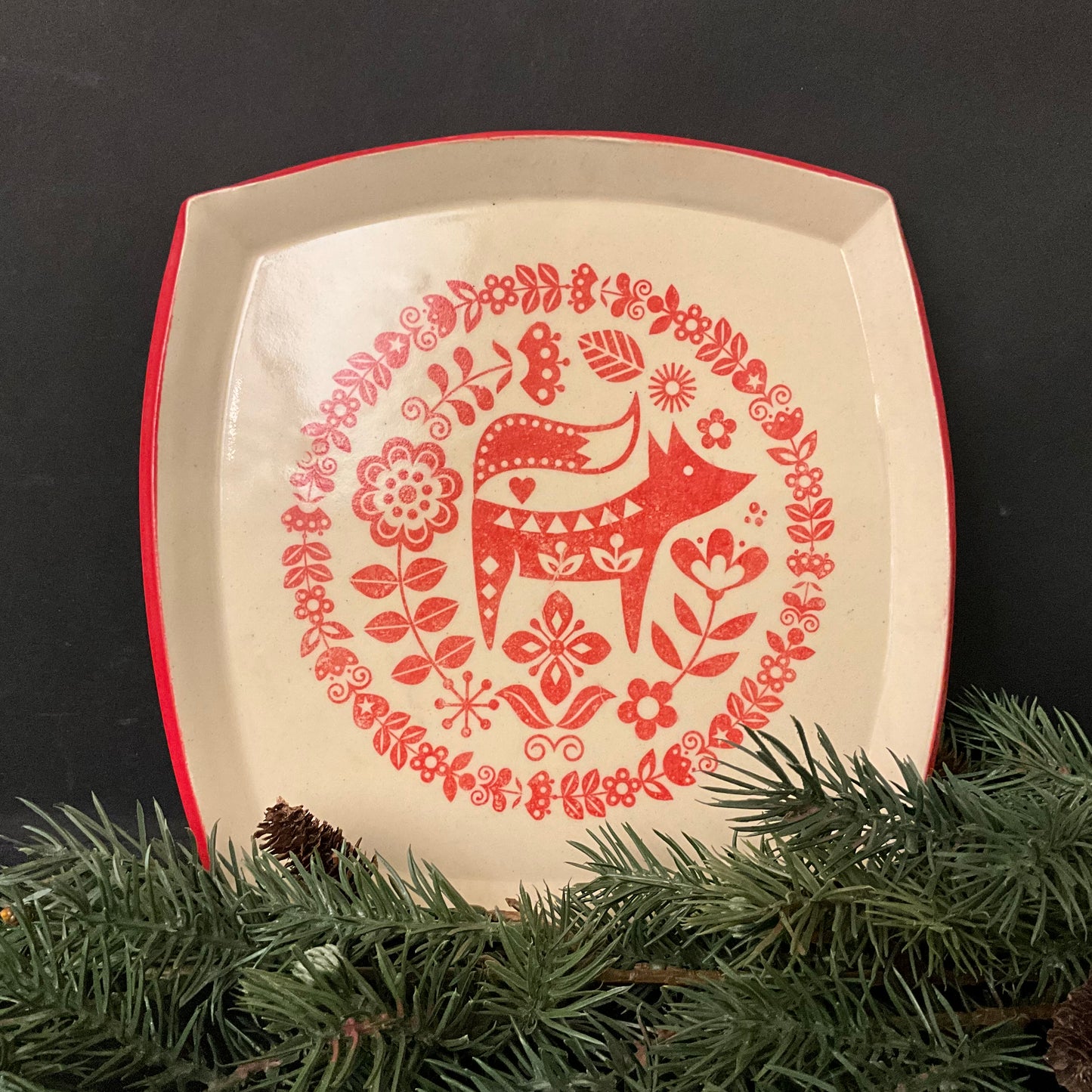 Square Fox Tray - Cream & Red