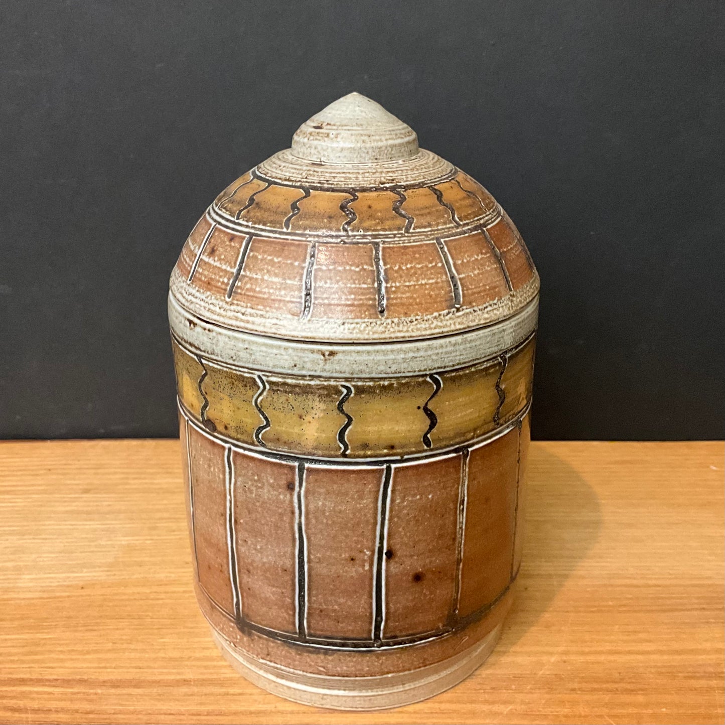 Stoneware Domed Jar Gray & Warm Brown & “Gold”