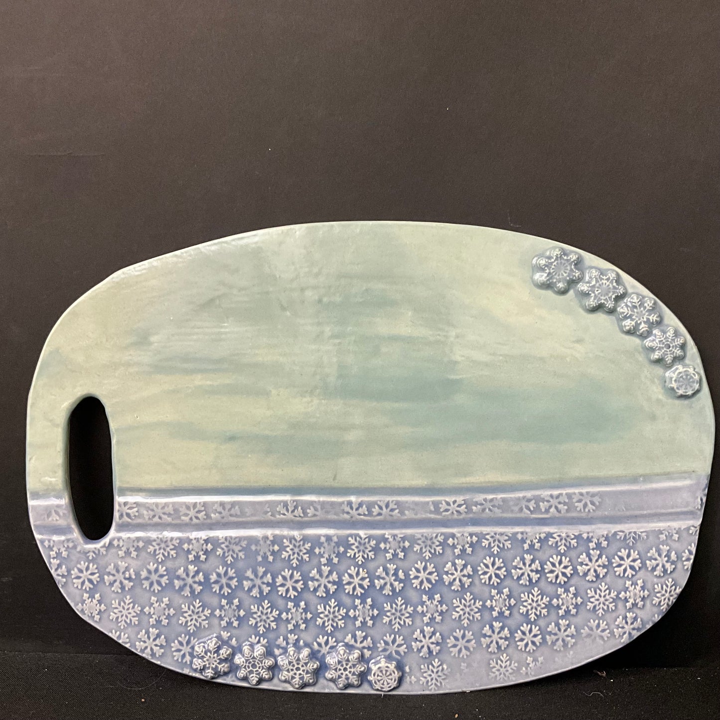 Oval Ceramic Charcuterie Board Snowflake Design Aqua & Blue