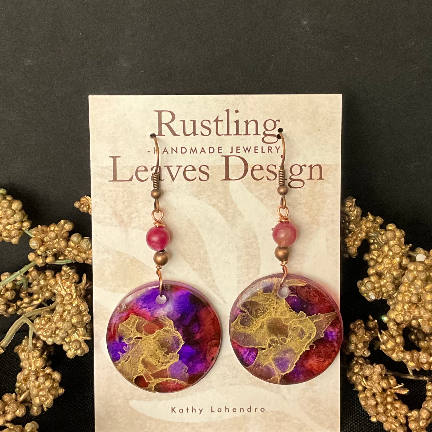 Resin Disc Earrings Purple & Gold with Bead