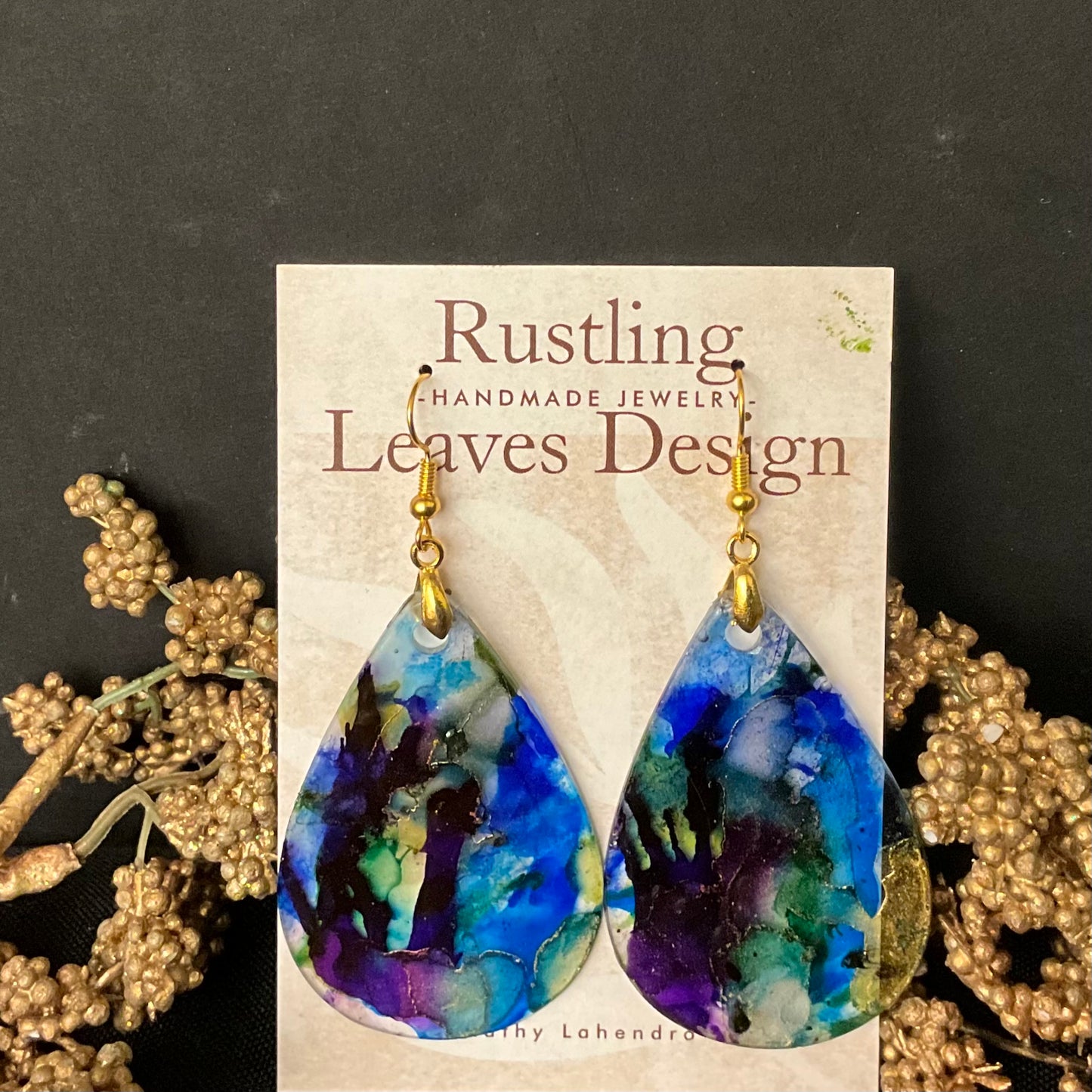 Large Resin Teardrop Earrings Deep Blues & Purple
