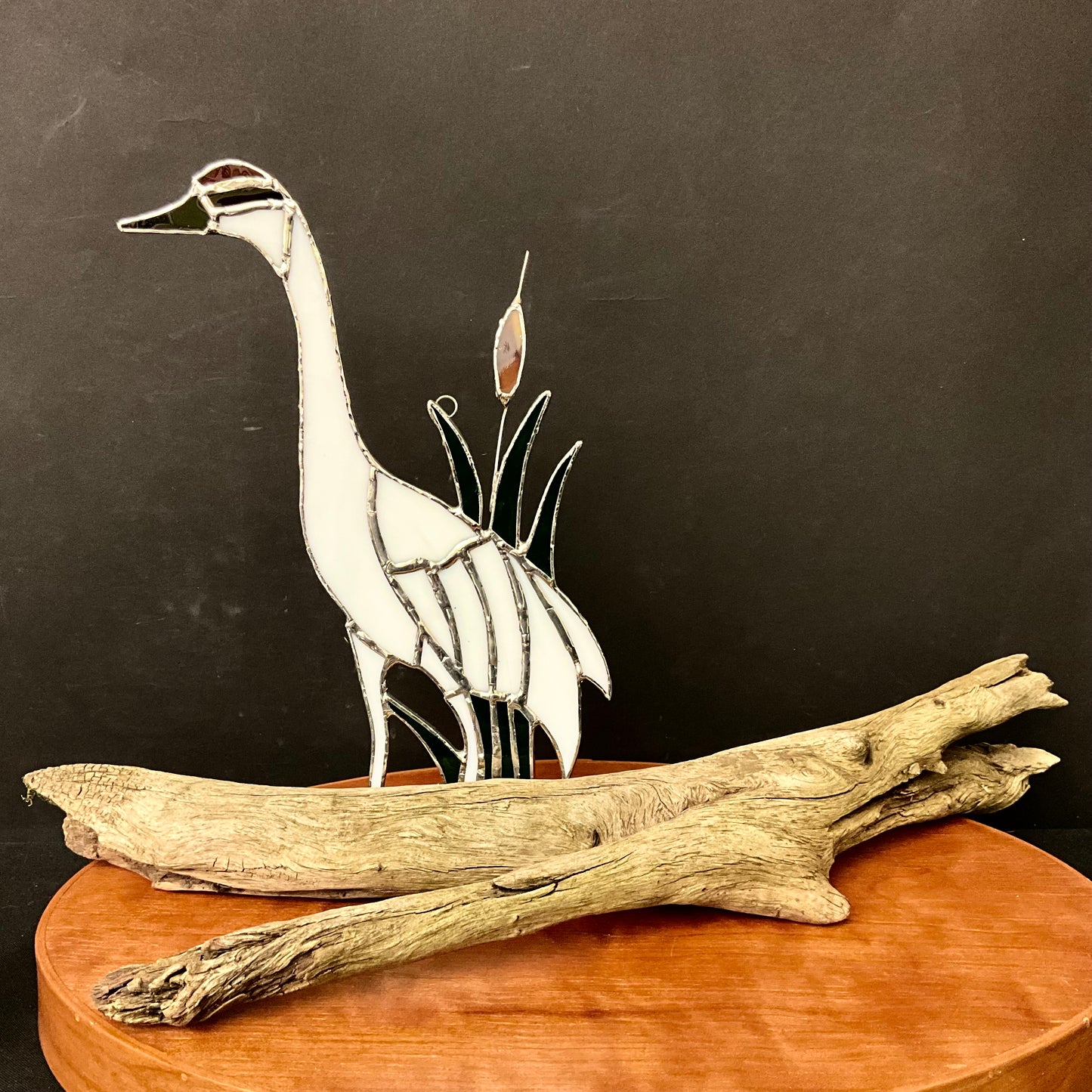 Stained Glass Sand Hill Crane on Driftwood