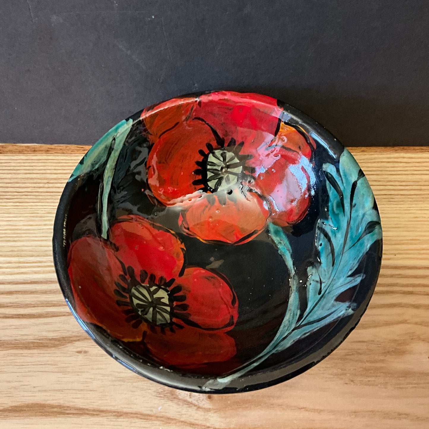 Petite Black Bowl with Red Poppies