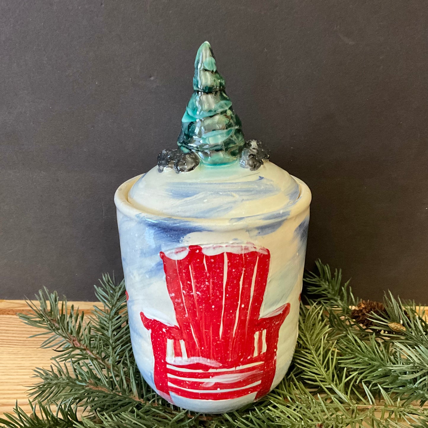 Lidded Jar Winter Red Chair with Tree Finial