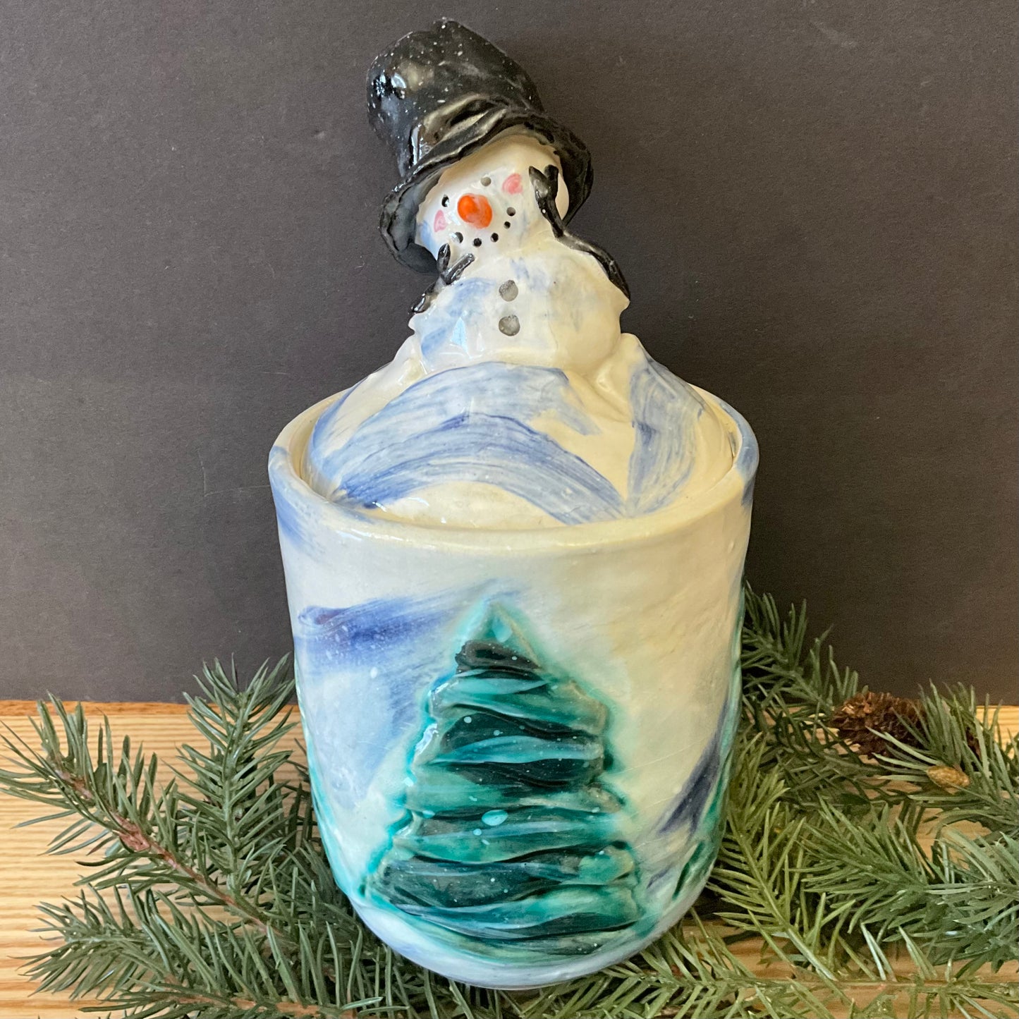 Lidded Jar Snowy Trees with Snowman Top