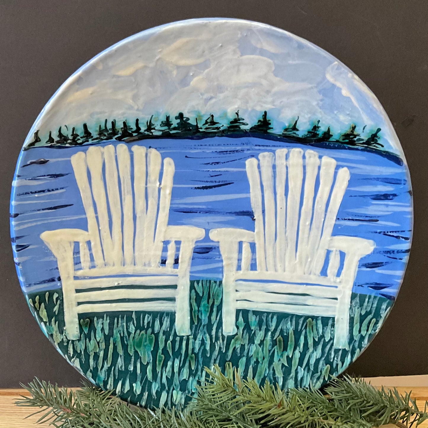Blue Plate with White Adirondack Chairs
